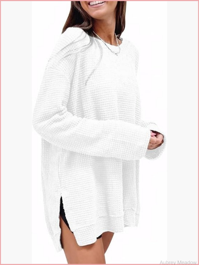Women's Oversized Waffle Knit Long Sleeve Crewneck Tunic Pullover